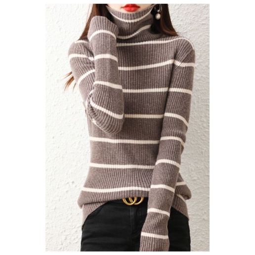 Sweater Turtleneck Salur Wanita Strip Premium