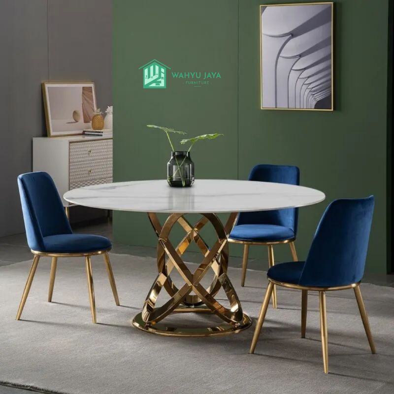 Meja Makan Bulat 4 Kursi Marmer