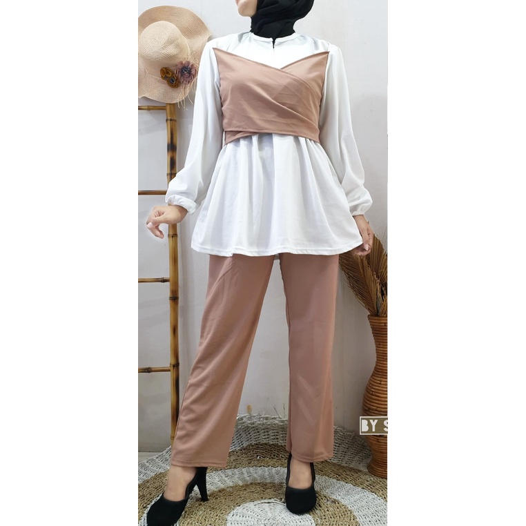 Setelan tunik busui LESTI rompi + celana bersaku bahan voxy premium merk sincia