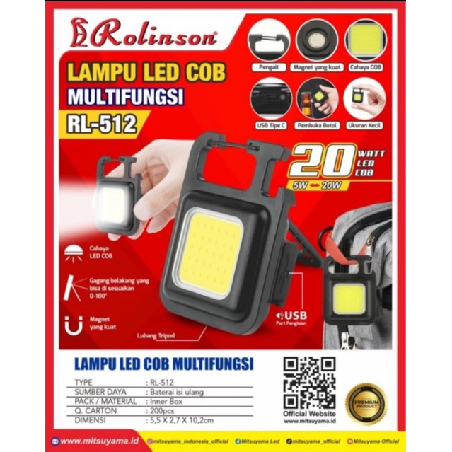 Lampu senter mini COB LED gantungan kunci multifungsi Rolinson RL 512 20 watt waterproff