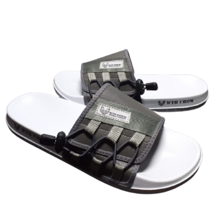 Sandal Slide Pria Slip On Simple Ringan  Premium Abu Abu Putih WTR Crow Arzuna Gray White