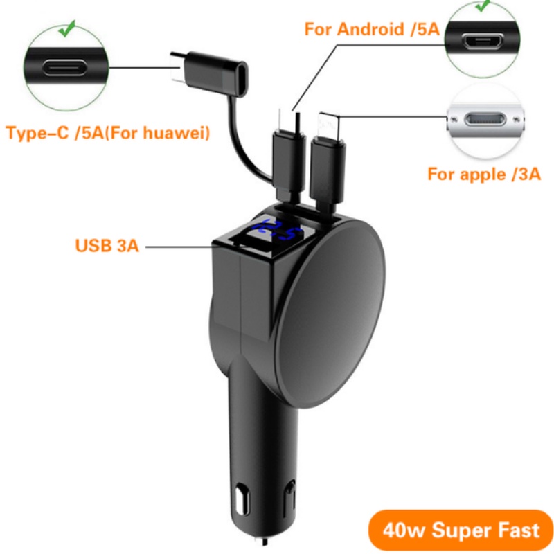 Charger Mobil 3in1 Dual-Line Retractable 60W Adaptor Charge Super Quick Charger Mobil Cepat Untuk iPhone Android Type-C Port