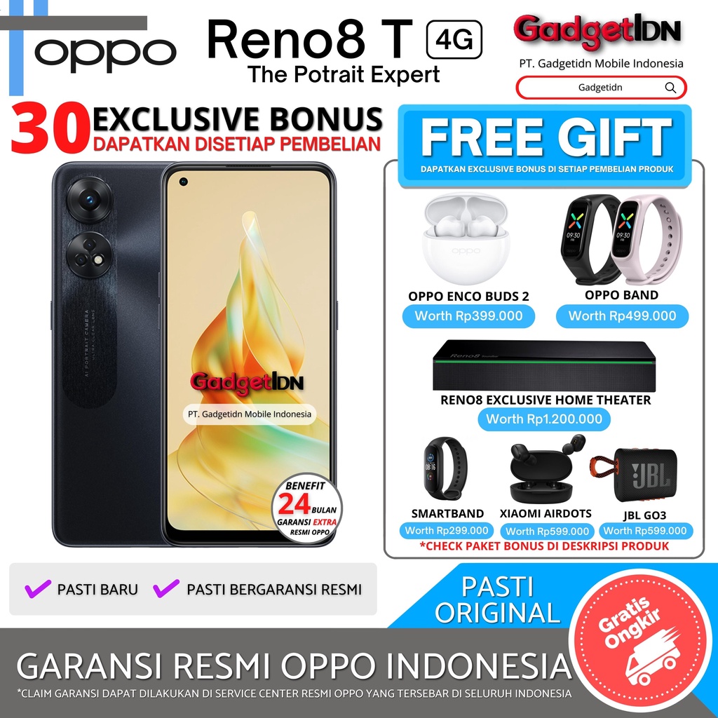 OPPO RENO 8T 4G 16/256GB ( 8GB + 8GB EXTENSION RAM ) OPPO RENO8 T GARANSI RESMI OPPO