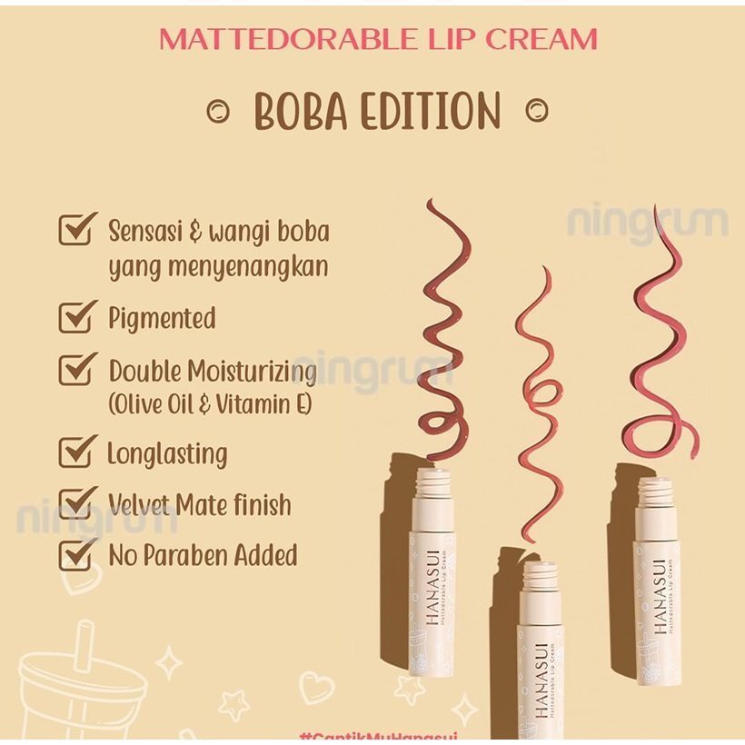 Ningrum Hanasui Mattedorable Lip Cream Boba Lip Cream Velvet Matte 4gr BPOM Ori | Boba Series | Lip Cream Boba - 5004