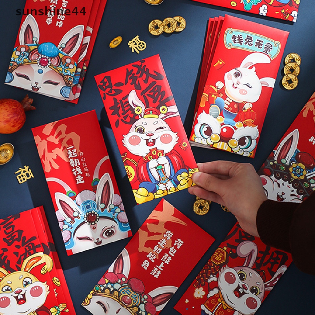 Sunshine 6pcs 2023tahun Kelinci Cina Amplop Merah Kartun Anak Hadiah Uang Packing Bag Lucky Red Packets Bag.