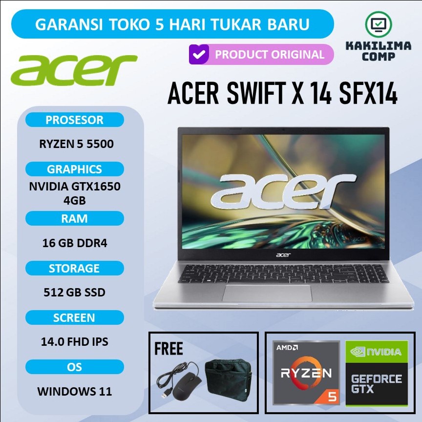 Acer Swift X 14 Ryzen 5 Ram 8GB SSD 512GB Nvidia GTX1650 Windows 11 Full HD