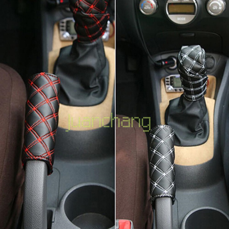 2pcs Universal Grid Microfiber Auto Mobil Kulit Imitasi handbrake Grips Faux Leather Gear Shift Knob Cover Penutup Rem Tangan Lengan 2in1 Set handbrake Perlengkapan Aksesoris Interior