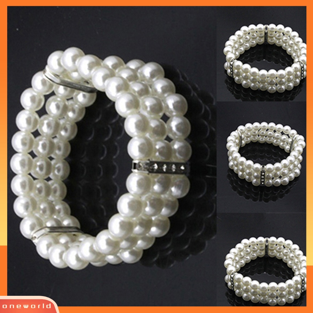 {oneworld} Fashion 3baris Mutiara Imitasi Dekorasi Berlian Imitasi Elastis Melar Bangle Gelang