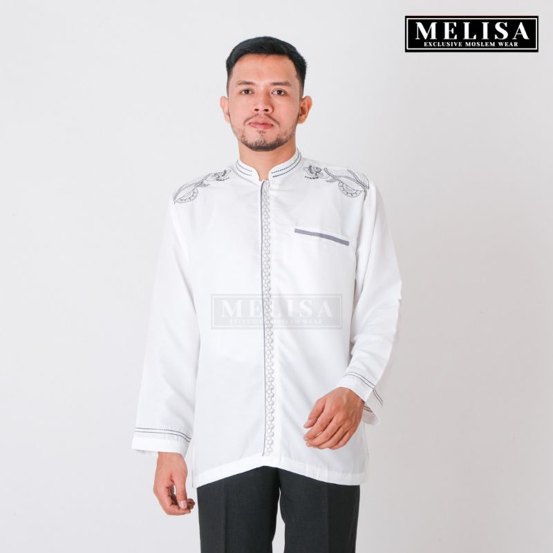 Baju Koko Pria Dewasa Lengan Panjang Bahan Poli Katun Warna Putih Tulang Motip Bordir