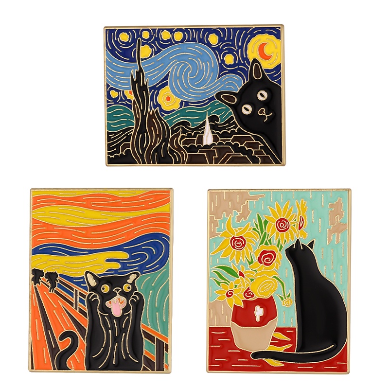 Kartun Kucing Cat Minyak Kerah Pin Bunga Matahari Bros Van Gogh Seri Lencana Hadiah Untuk Teman Aksesoris Pakaian Perhiasan