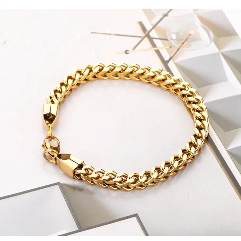 Gelang Unisex  (Untuk Wanita dan Pria) Rantai Gandum Tali Baja 4mm Warna Gold