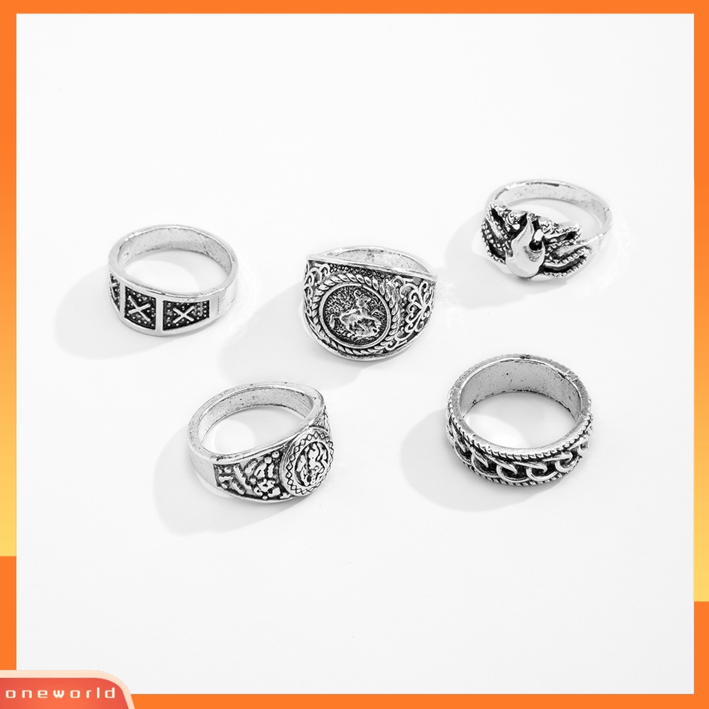 [ONWL] 5pcs/set Cincin Buku Jari Pola Halus Geometris Mewah Retro Electroplating Dekorasi Perhiasan Pria Vintage Gothic Knuckle Joint Rings Untuk Pesta