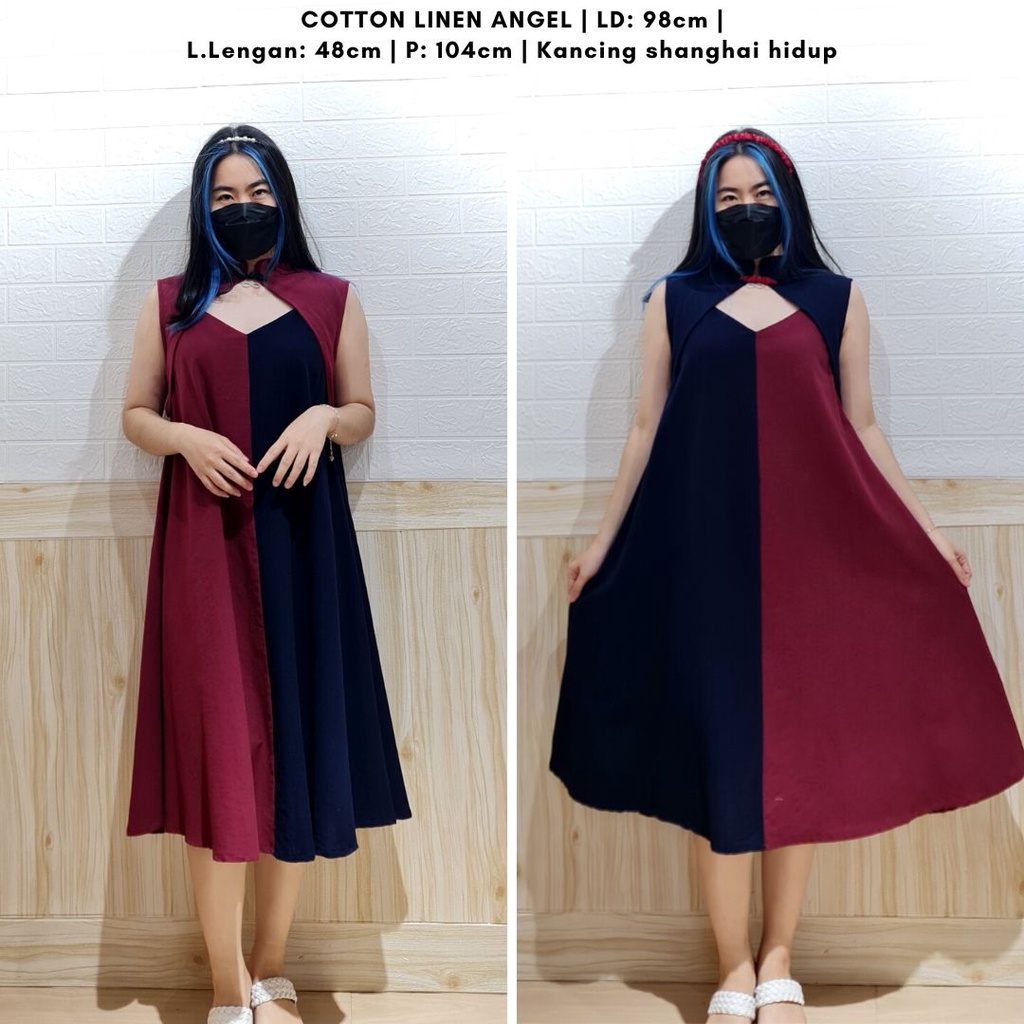 4718 hegyo two tones cotton linen kancing shanghai midi dress cny