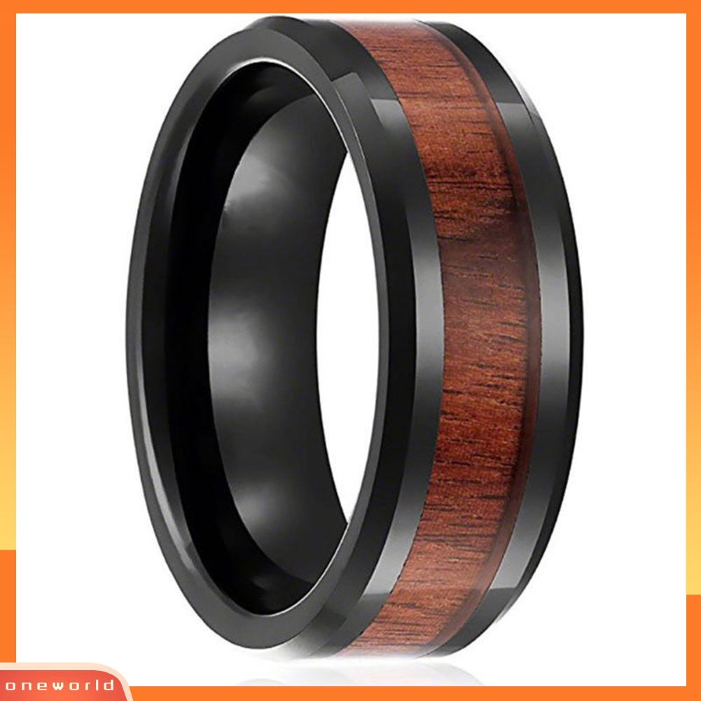 {oneworld} Us 7-10 Fashion Pria Wanita Baja Titanium Hias Kayu Band Cincin Pasangan Hadiah