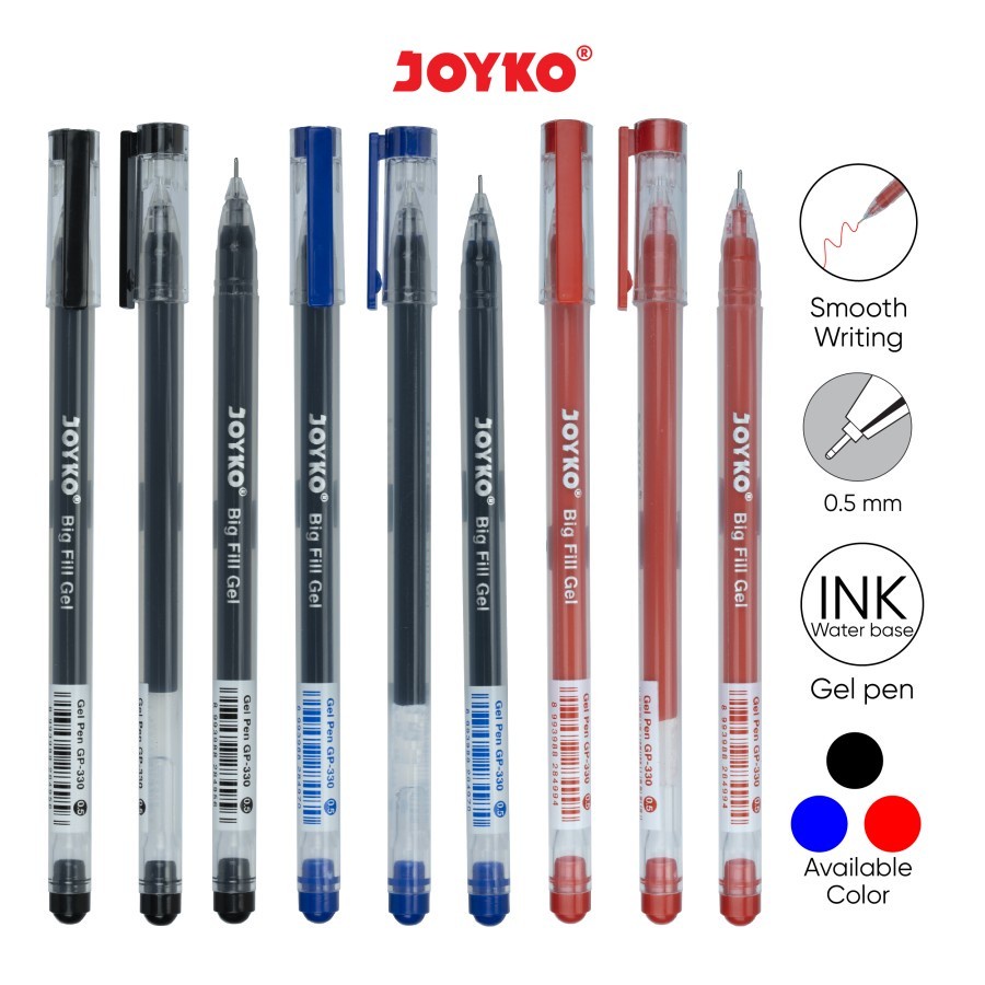 Gel Pen Pulpen Pena Joyko GP-330 Big Fill Gel Needle Tip 0.5 mm Hitam / Biru / Merah