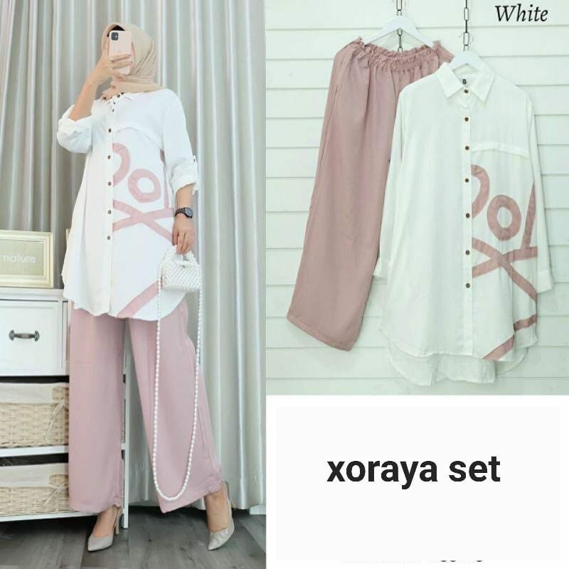 SET XORAYA FASHION PAKAIAN WANITA SETELAN ATASAN DAN CELANA BAHAN MOSCREPE EDHM