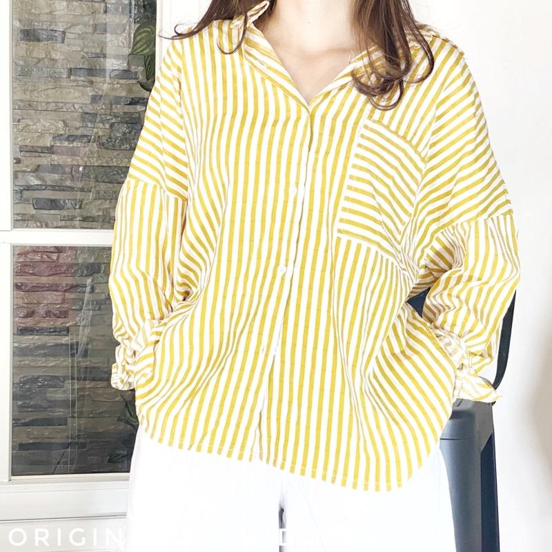 (COD)KEMEJA/ATASAN WANITA OVERSIZE BAHAN CRINKLE BIG STRIP/BLOUSE SALUR BESAR KANCING DEPAN