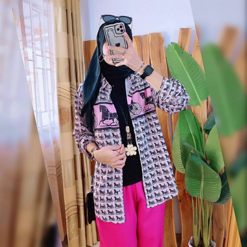 Kemeja Horse, KEMEJA WANITA CANTIK MODIS FIT XXL LD 110 BAHAN KATUN SILKY IMPORT KANCING AKTIF TERMURAH OOTD