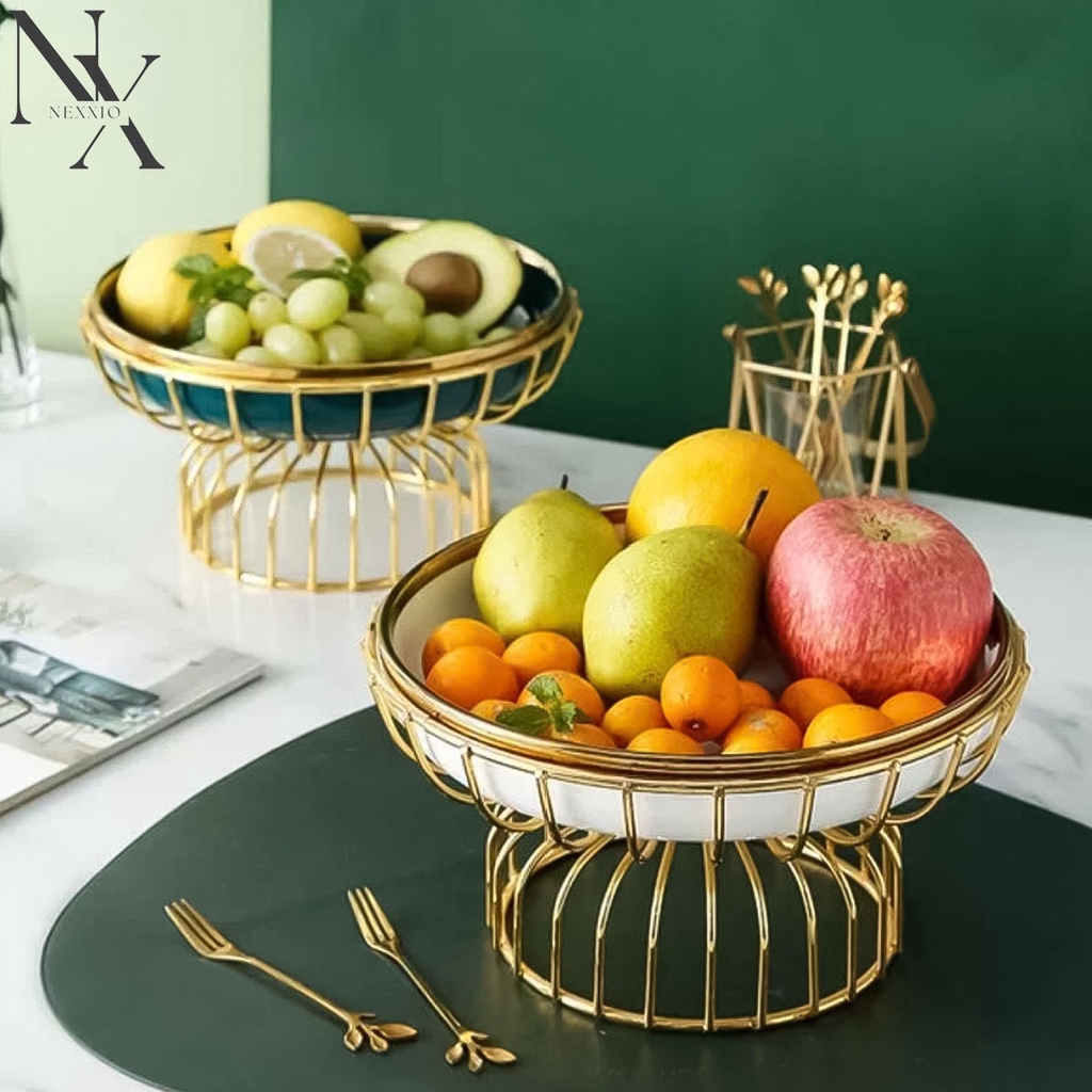NexXio TEMPAT BUAH KERAMIK GOLD DUDUKAN STAINLESS GOLD / Ceramic Fruit Tray / Tray Tempat Buah / Tempat Buah Keramik Elegant