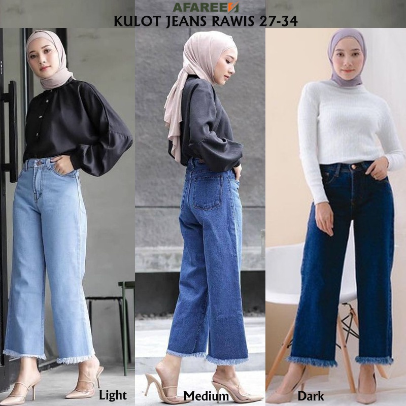 AFAREEN - Highwaist Kulot Jeans Rawis Wanita Boyfrind Jeans Blue Snow Hitam Rumbai Celana Jeans Basic