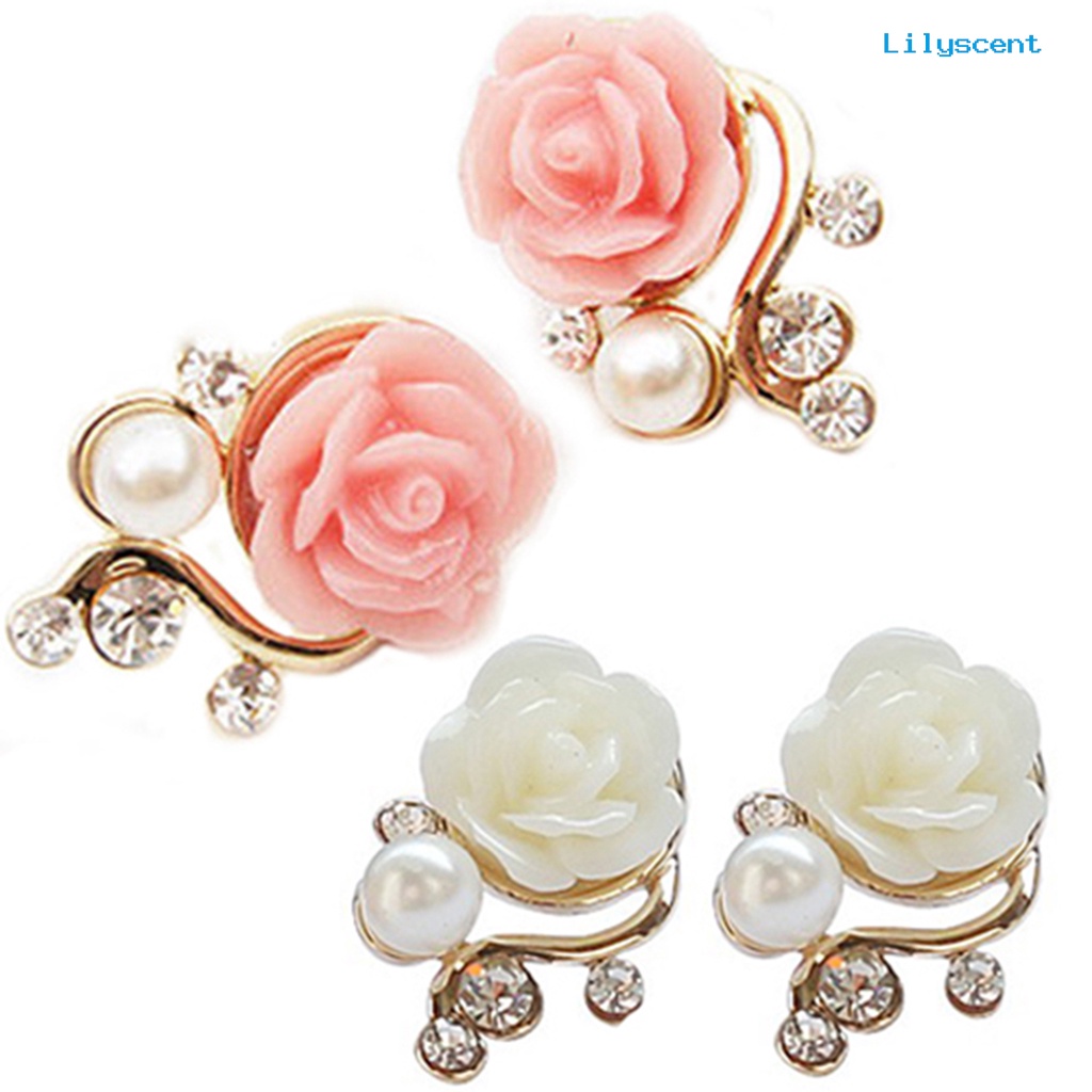 [LS] 1pasang Ear Stud Bentuk Bunga Mawar Serbaguna Alloy Mutiara Imitasi Berlian Imitasi Rose Earrings Untuk Wanita