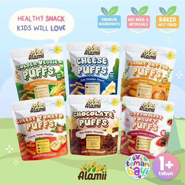 

ALAMII PUFFS CHOCOLATE CHEESE GOLDEN VEGGIE CHEESY TOMATO YOGURT PEANUT BUTTER CHICKEN MUSHROOM 25G