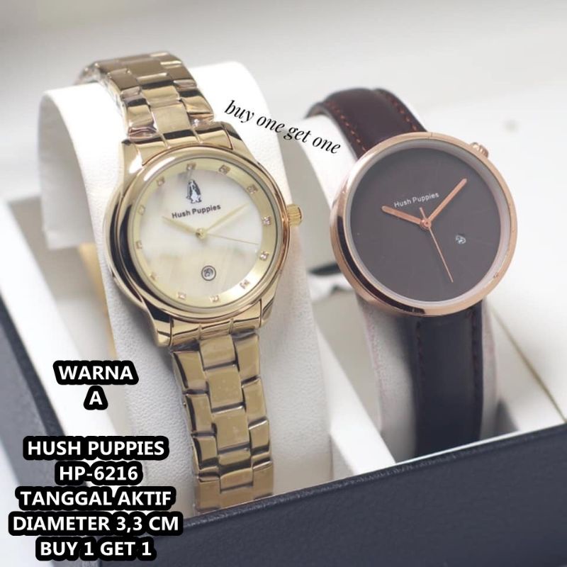 (Cod)Jam Tangan Wanita Buy1 Get1 Hushpuppies Mata&quot; Rantai+Hp Bulat Kulit Tanggal Aktif Strap Kulit/Rantai(Dikirim Jakarta)