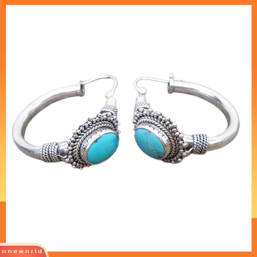 {oneworld} 1pasang Anting Hoop Tindik Oval Ukir Unik Biru Turquoise Bohemia Retro Earrings Perhiasan Aksesoris