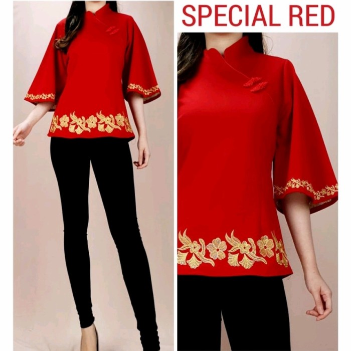 Spasoshope- Atasan Blouse Cheongsam Qipao Wanita Elegant Red Blossom Gold Nn