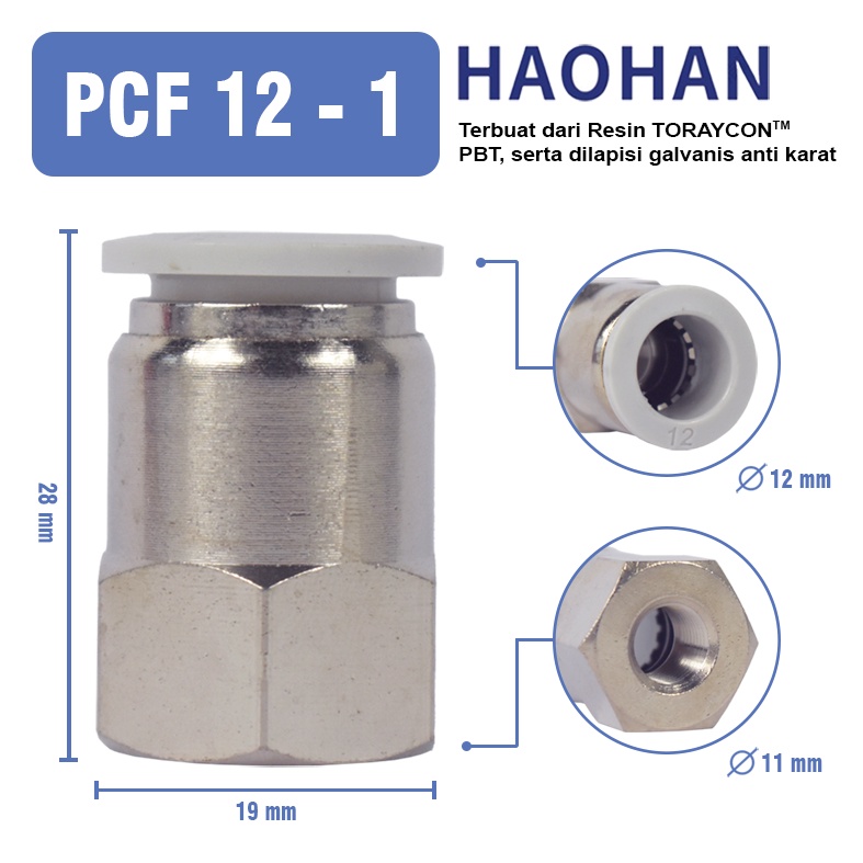 PCF Sambungan Pneumatic Fitting Lurus 10 / 12 / 8 / 6mm BSP 1 / 8 1/4 3/8 1/2 Female Thread Slip Lock