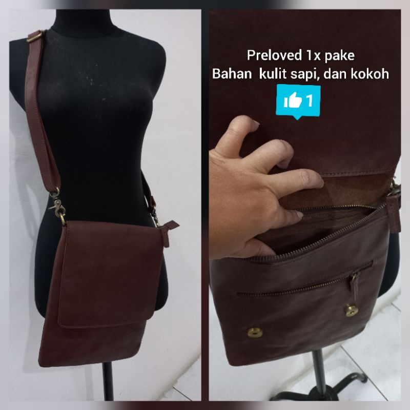 Tas slempang kulit coklat unisex. preloved