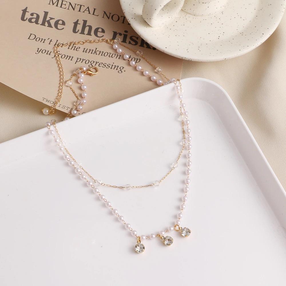 Kalung Mutiara Double Layer Simple 3 Kristal Aksesoris