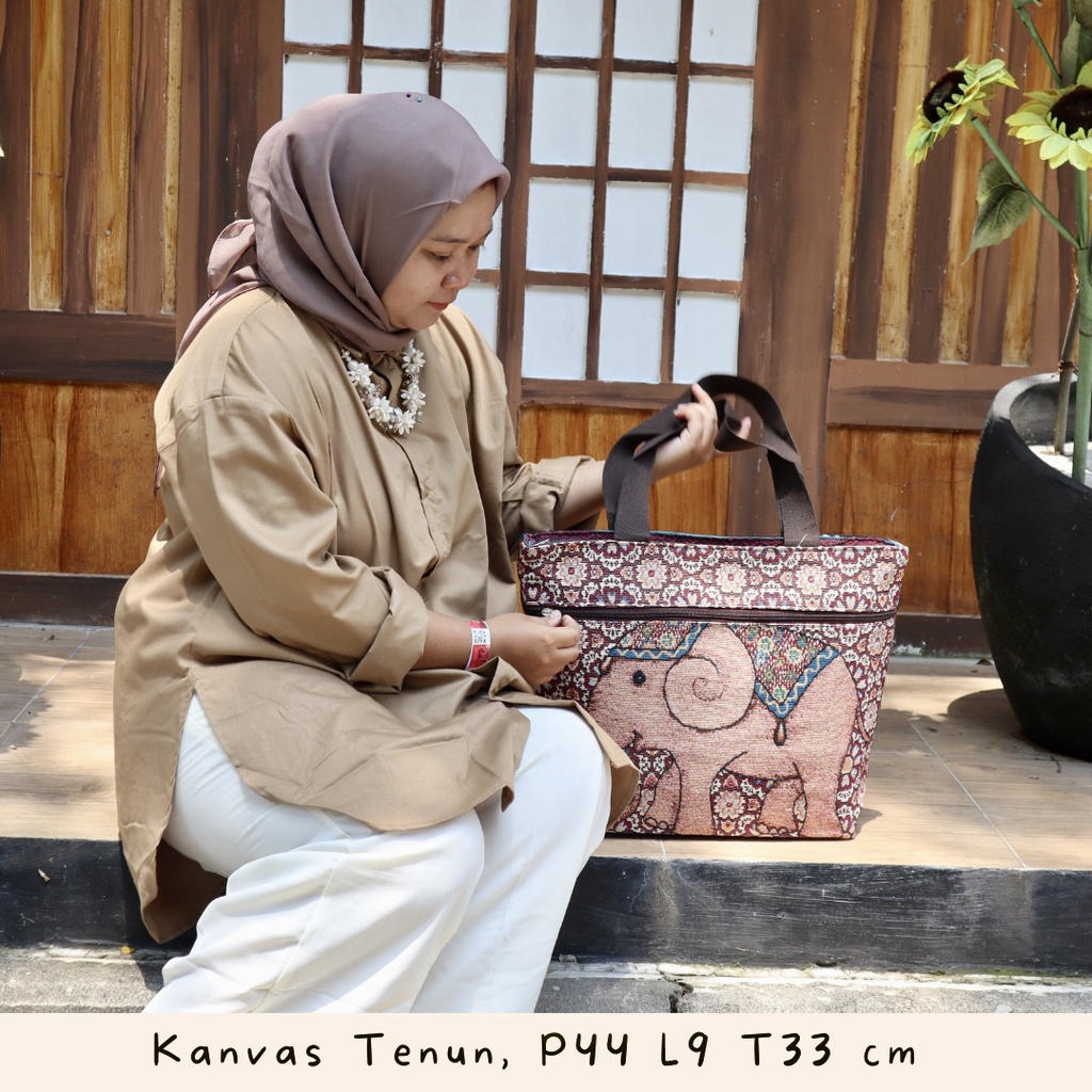 TERMURAH (BISA COD) Tote Bag Kanvas Pria / Wanita Trendi Ukuran BESAR Warna HITAM Kanvas tenun gajah dan kucing