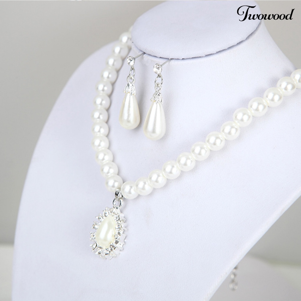 Twowood Water Drop Shape Pendant Manik-Manik Mutiara Imitasi Kalung Anting Set Perhiasan Pengantin