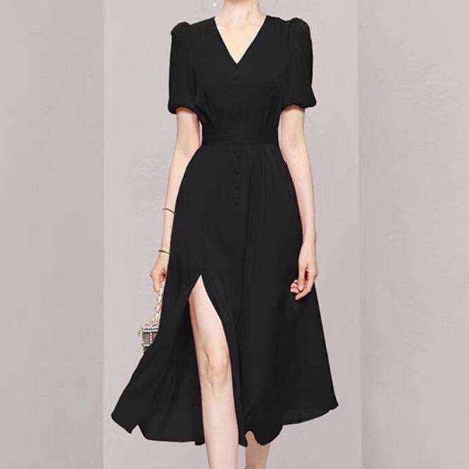 Midi Dress Flowy Silk Elegant Slit V Neck Korean Import TNF