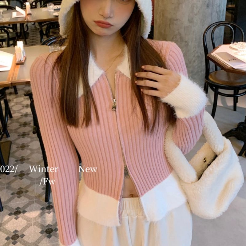 Red Versi Korea dari sweter lengan panjang berbulu wanita musim gugur dan musim dingin desain ceruk temperamen selebritas slim cardigan bottoming top