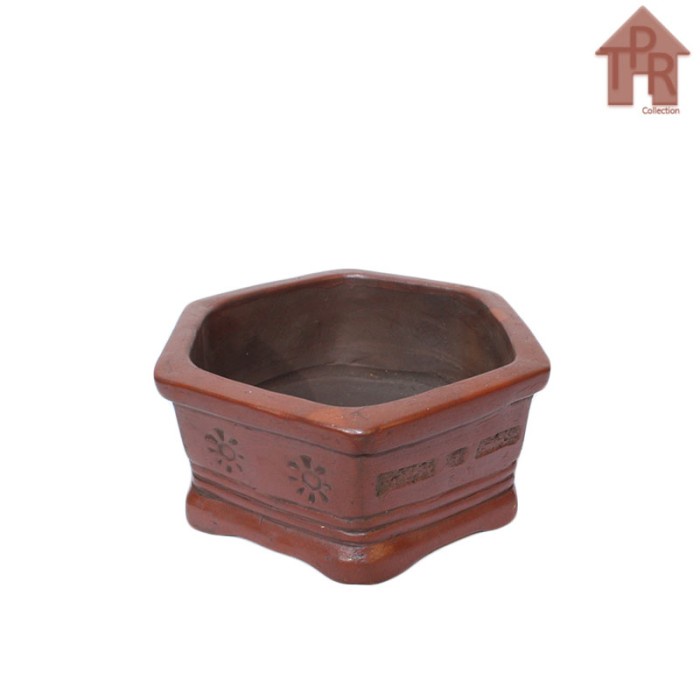 Terakota | Pot Tanah Liat / Pot Bonsai Segi-6 Motif Sulur S-M-L