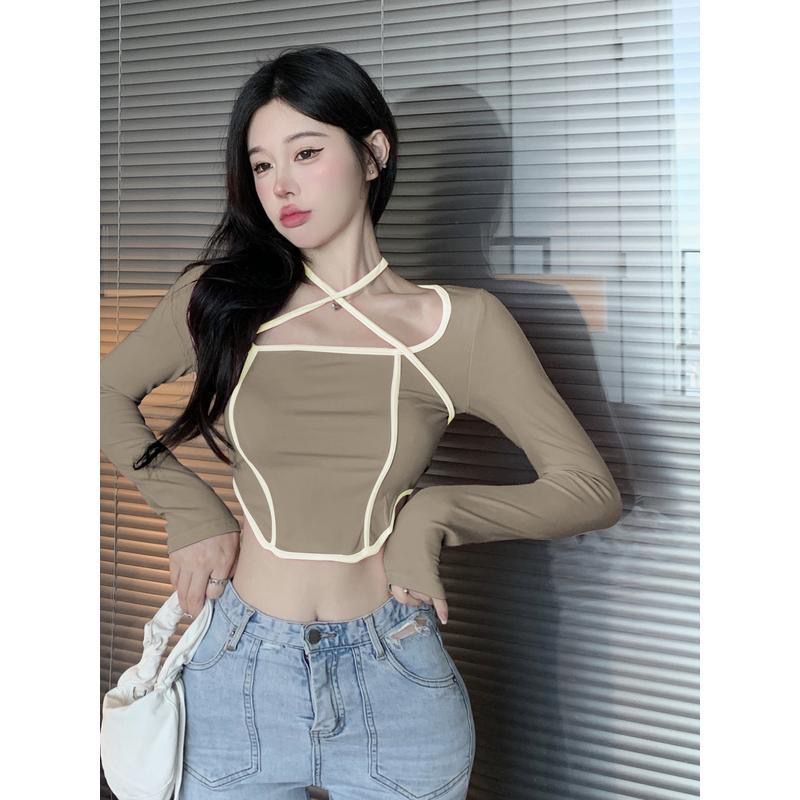 Red Awal musim gugur murni keinginan gaya sayang hot gadis cross dasi leher hit warna bahu depan slim square kerah lengan panjang T-shirt wanita chic top