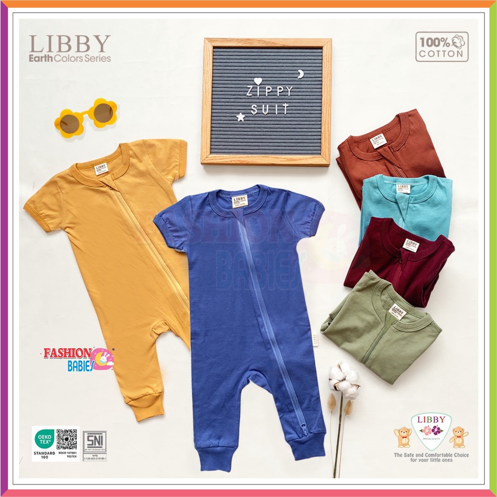 LIBBY ZIPPY SUIT EARTH COLOUR | ZIPPER JUMPSUIT LENGAN PENDEK 0-12 BULAN