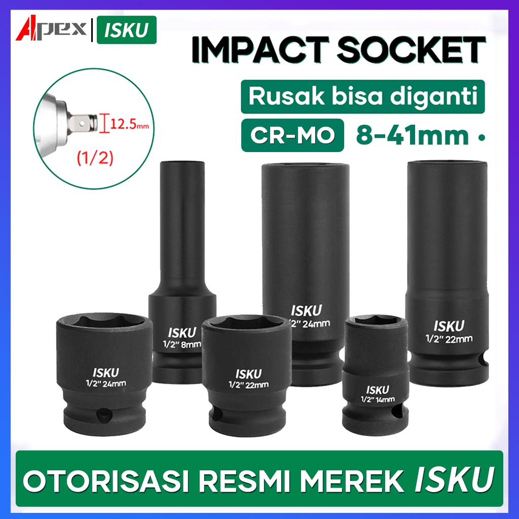 ISKU mata kunci shock impact socket Panjang/mata sock set cr-mo 1/2&quot; drive socket kokoh dan kuat/satu set konci shock impact  8 10 12 14 16 18 20 22 41mm