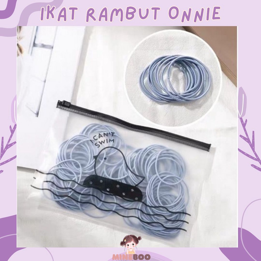 mineboo - IKAT RAMBUT ONNIE 100pcs + pouch ikat rambut karet polos warna-warni anak dewasa import ala korea