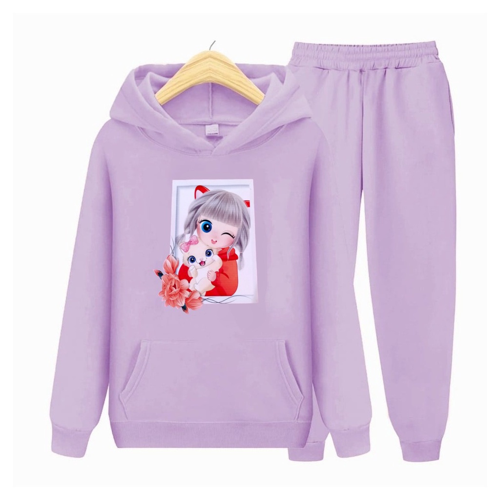 Baju Setelan Sweater Anak Perempuan Viral Motif Printing Kitty Girl