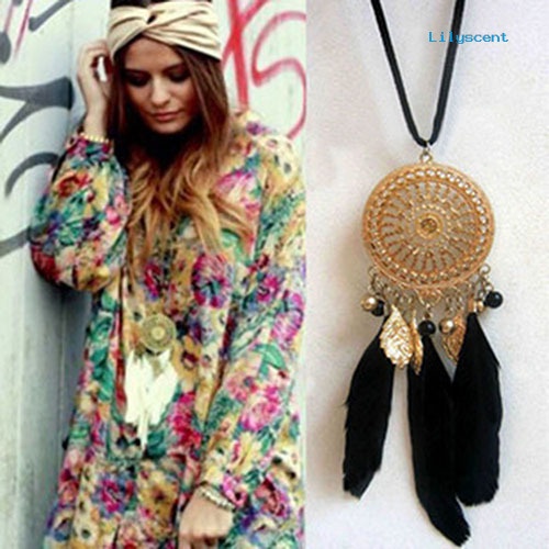 Ls Perhiasan Retro Wanita Dream Catcher Berongga Bulu Liontin Sweater Rantai Kalung