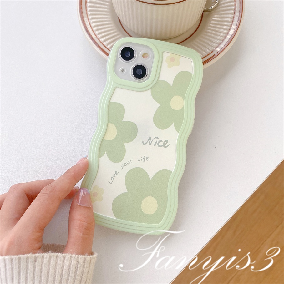 Compatible For iPhone 14 13 12 11 Pro Max X XR Xs Max 8 7 6 6s Plus SE 2020 Kompatibel Untuk Ins Green Floret Flowers Wave Frame Phone Case TPU Soft Cover