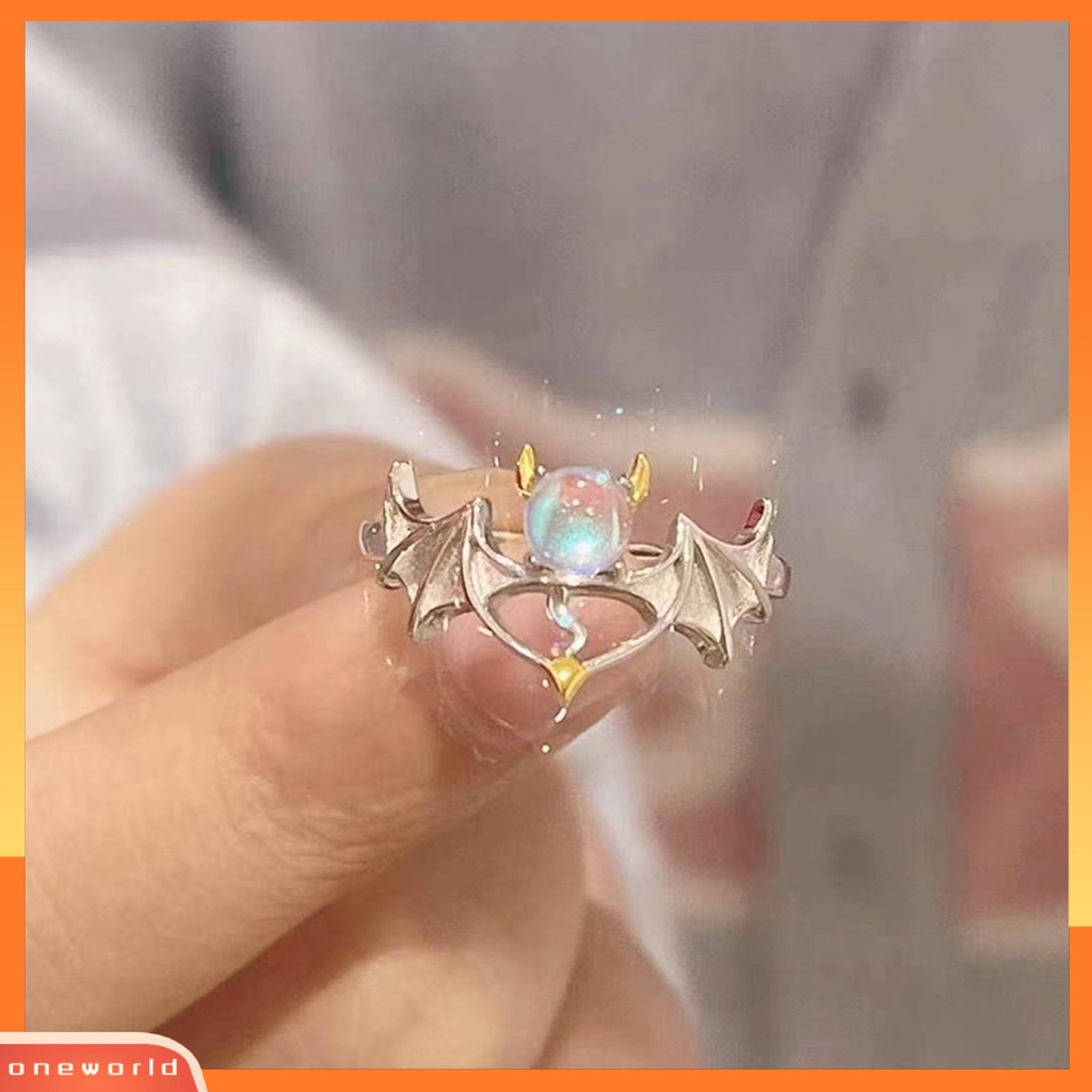 [ONW] Wanita Cincin Romantis Bersinar Faux Moonstone Desain Pembukaan Yang Dapat Disesuaikan Hadiah Hias Sayap Malaikat Setan Jari Cincin Perhiasan Pesta Untuk Kekasih