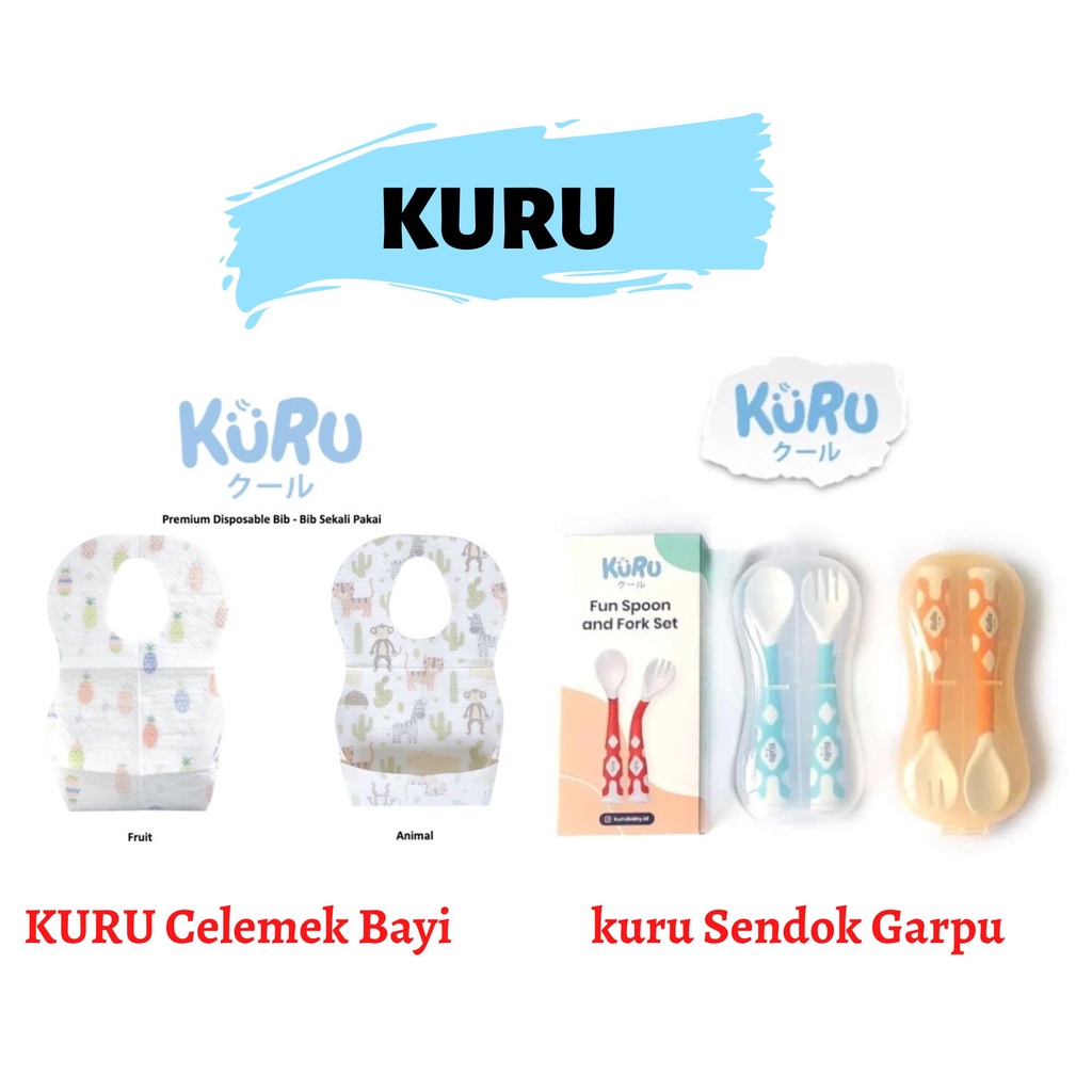 KURU Premium Disposable Bib - Celemek Anak Bayi Sekali Pakai Baby Bibs Apron || KURU Sendok Garpu Makan Bayi Baby Flexi Fun Spoon and Fork Set - SF1 - Sendok Garpu Bayi || Gelas Silicone Bayi + Straw Sedotan / Sippy Cup Set