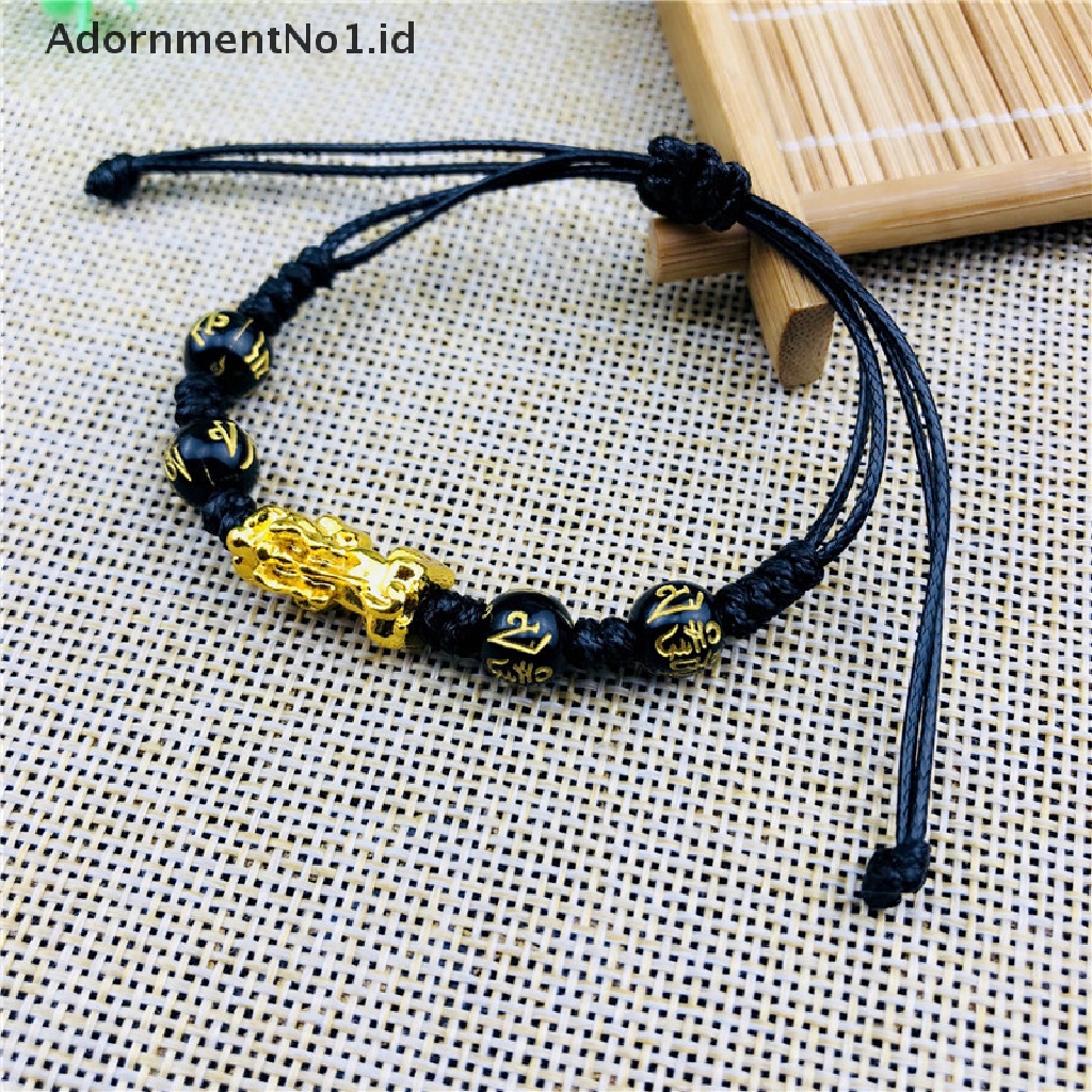 [AdornmentNo1] Unisex Feng Shui Obsidian Batu Beads Bracelet Rope Wristband Gold Kekayaan Kesehatan Kaya Keberuntungan Gelang Untuk Wanita Pria [ID]