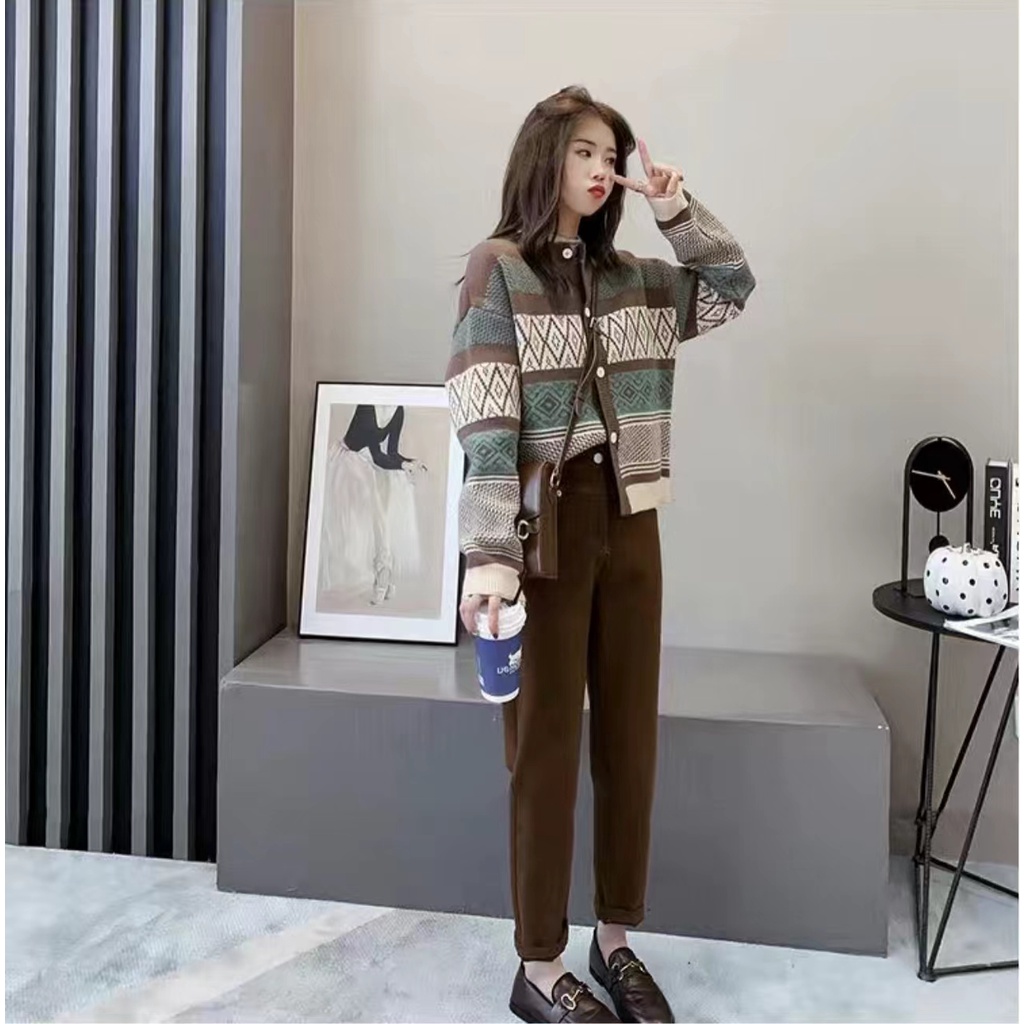 Monica Gaya Korea baru all-match lazy knit short section color matching long-sleeve knit jacket