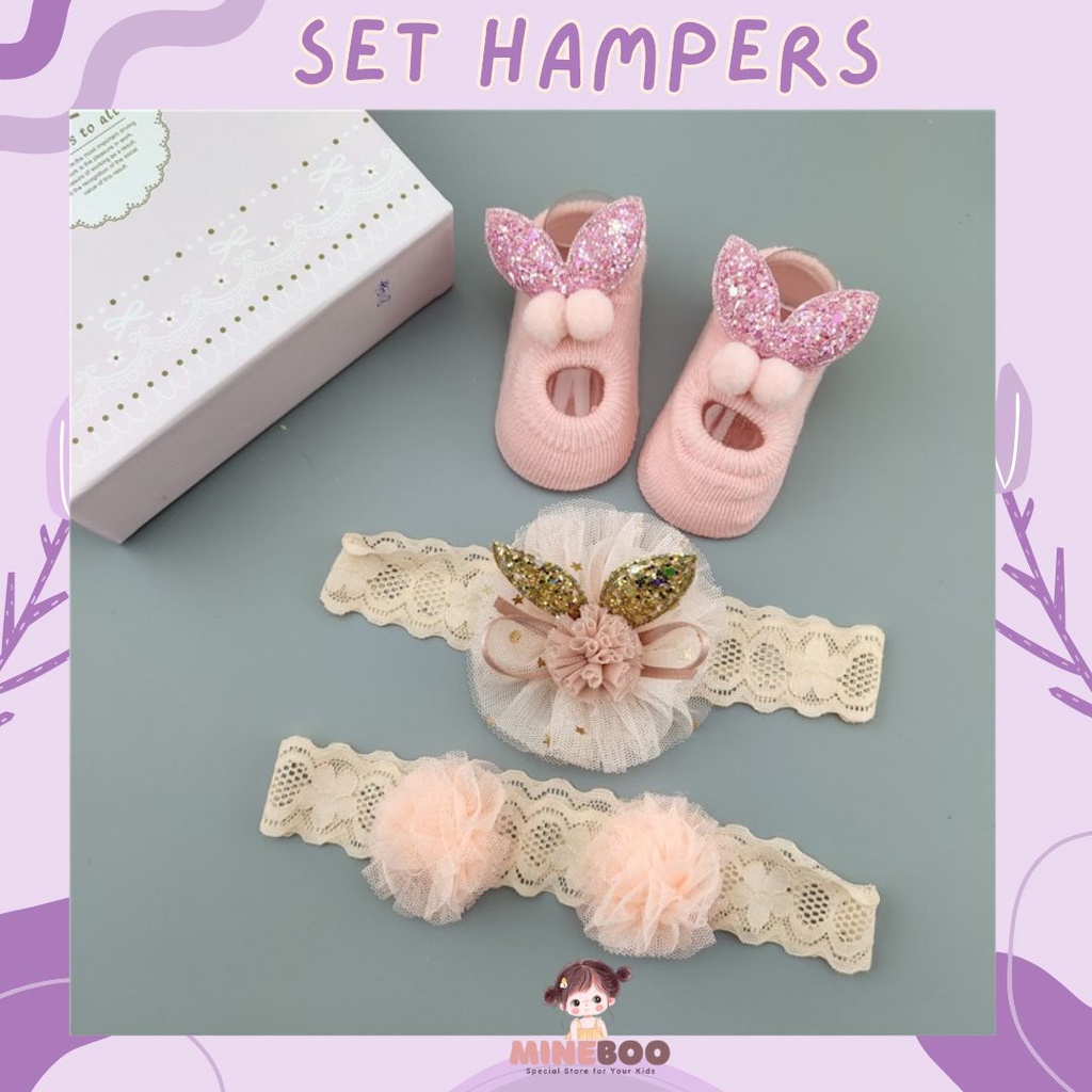 mineboo- HAMPERS BANDANA Set kaos kaki dan bandana bayi import dengan box cantik cocok untuk kado hampers