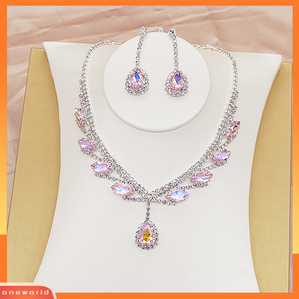 [oneworld] 1set Kalung Anting Pengantin Berbentuk Tetesan Air Perhiasan Berlian Imitasi Set Perhiasan Berkilau Elektroplating Untuk Pernikahan